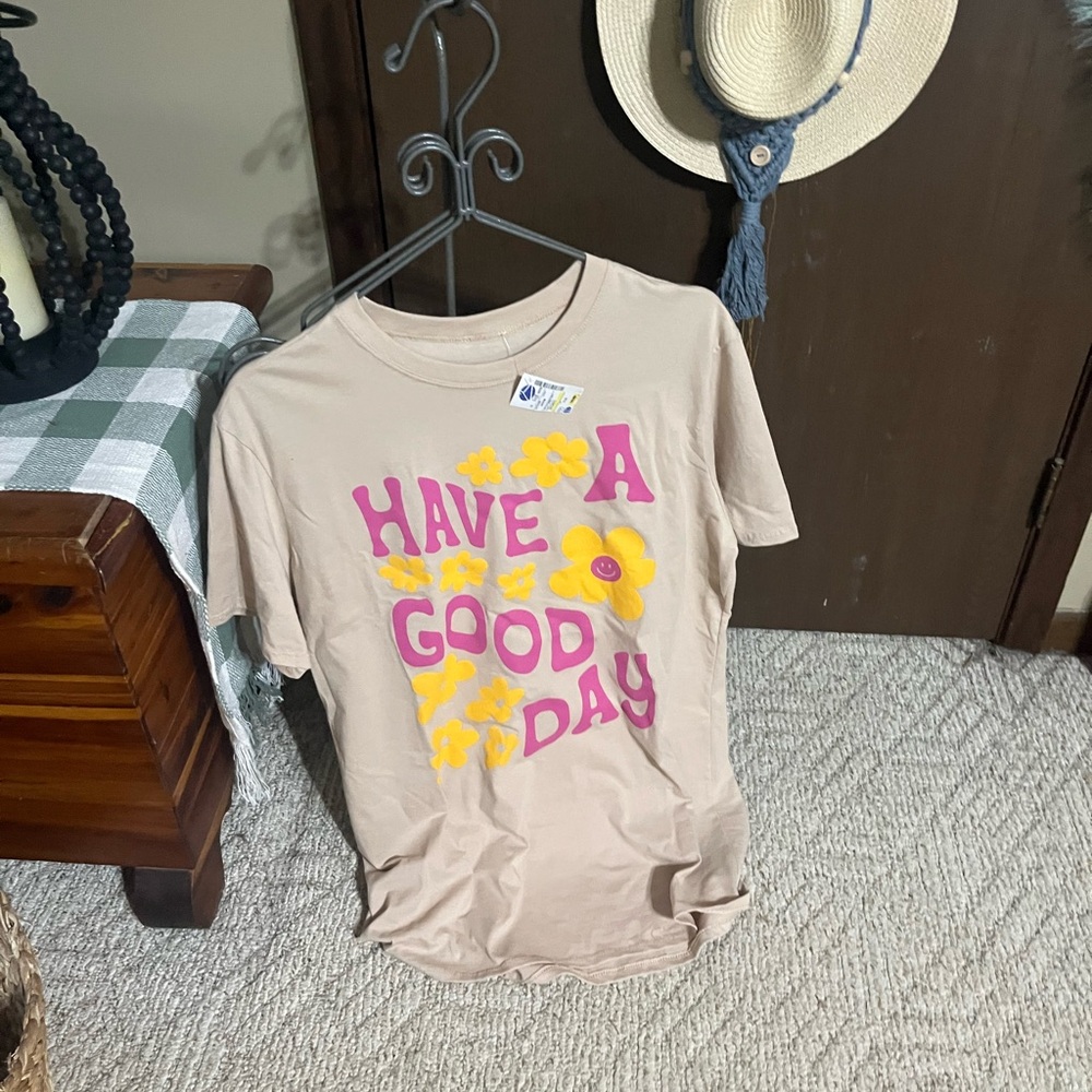 Beige Graphic Tee with Pink and Yellow Design